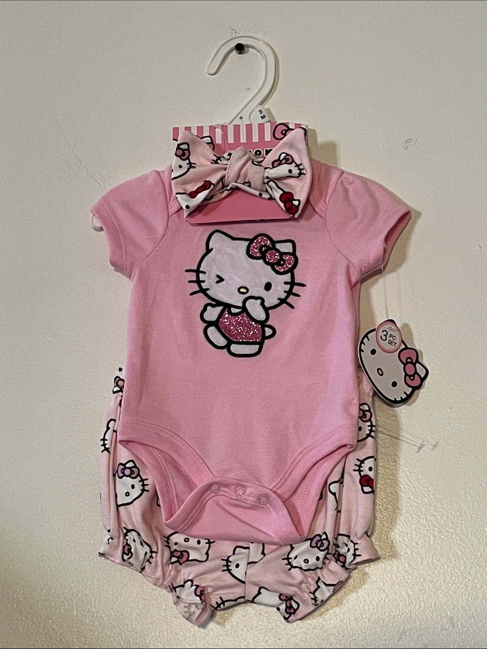 NEW!  Hello Kitty 3 Piece Pink Baby Onsie, Shorts, and Headband Set
